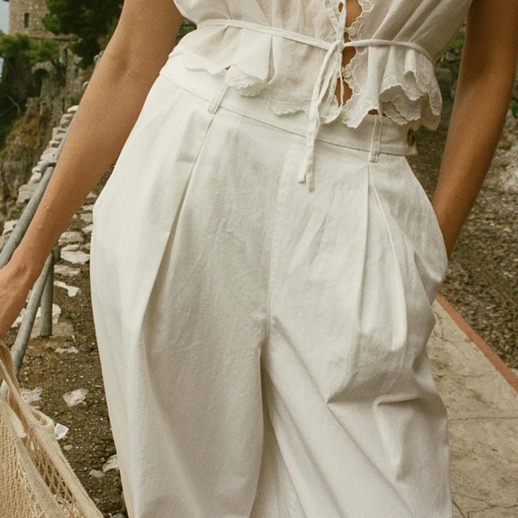 Doen Hilaire Cotton High Waist Wide Leg Cuff Palazzo Pants Trousers Salt White - Picture 3 of 14